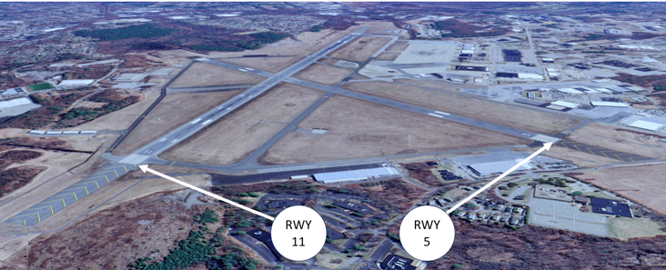 Aircraft on a right base for RWY 11 will line up on RWY 5 because it comes into sight first.