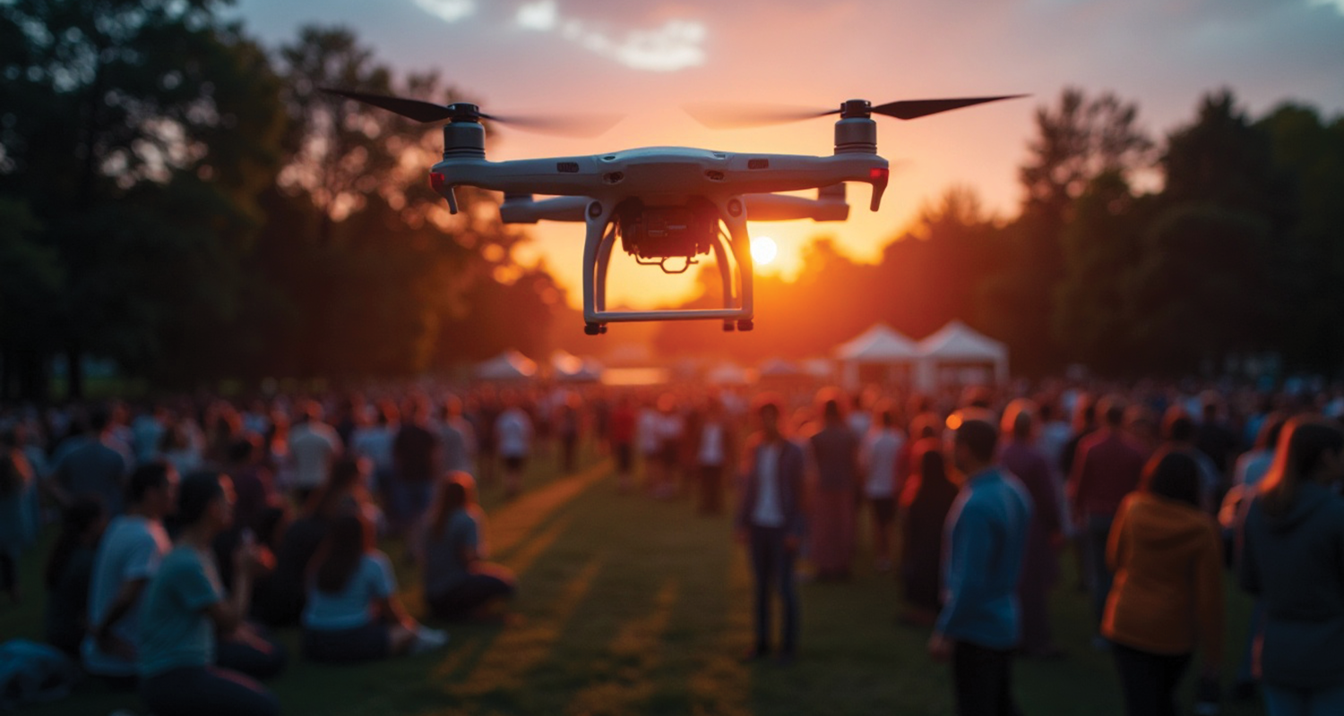 Image of a drone and a crowd of people