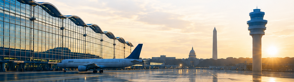 Aircraft at the gate at Ronald Reagan National Airport with the airport tower, the Capitol, and the Washington Monument in the background.