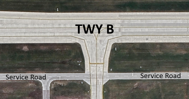 Pilots have mistaken the service road for TWY B and entered the service road when beginning taxi.