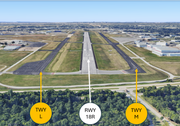 A Wrong Surface Landing risk exists whenever a TWY parallels the RWY. Pilots have mistakenly lined up on final for TWY M mistaking it for RWY 18R.