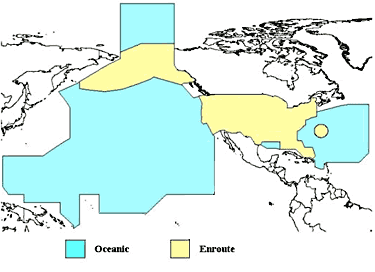 Map showing the world with Oceanic and Enroute controlled airspace highlighted.