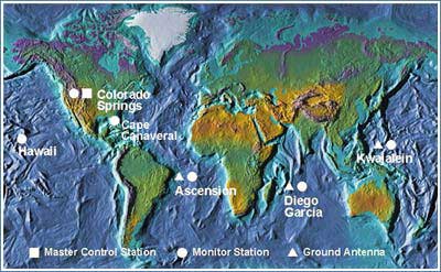 Earth Map with Marked Control Stations, Monitor Stations and Ground Antennas