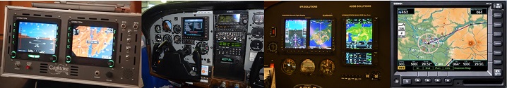 Decorative image of four different visual display systems in aircraft cockpits