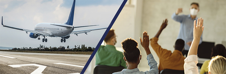 illustration of an airplane landing on a runway / students in a classroom raising their hands to answer a question
