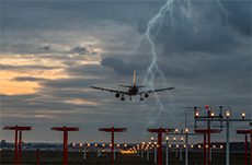 illustration of a plane landing during a thunderstorm