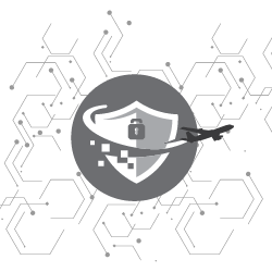 Gray shield with lock and airplane.