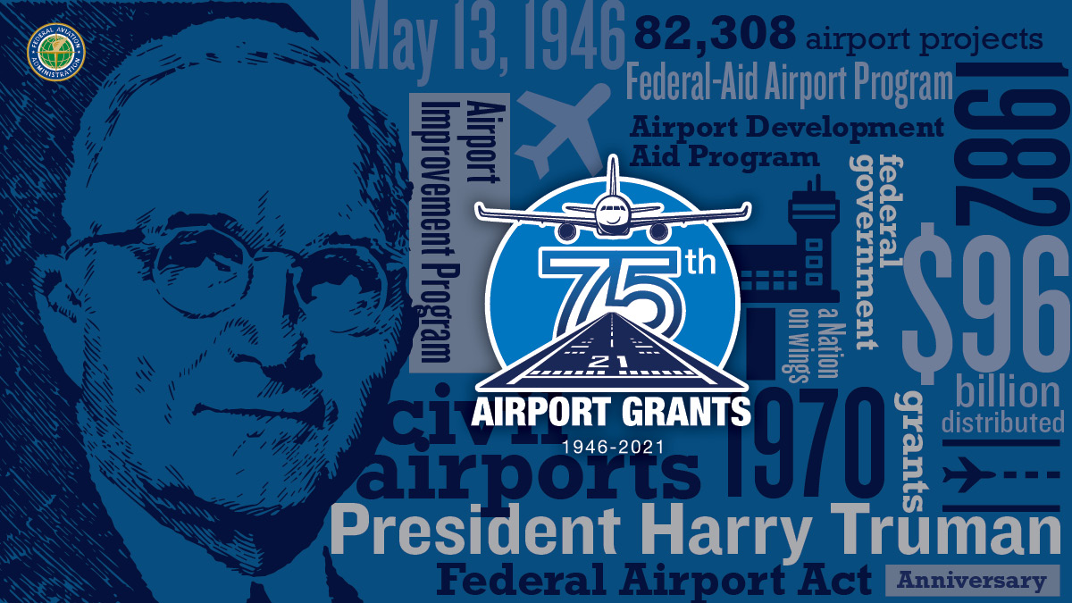 Airport Grants (1946 to 2021), May 13 1946, Federal Airport Act, President Harry Truman, $96 billion distributed, 82308 projects, Federal-Aid Airport Program, Airport Development Program, 1970, Airport Improvement Program, 1982, Nation on wings