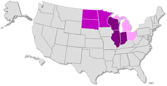 Map of the U.S. with Great Lakes Region states highlighted