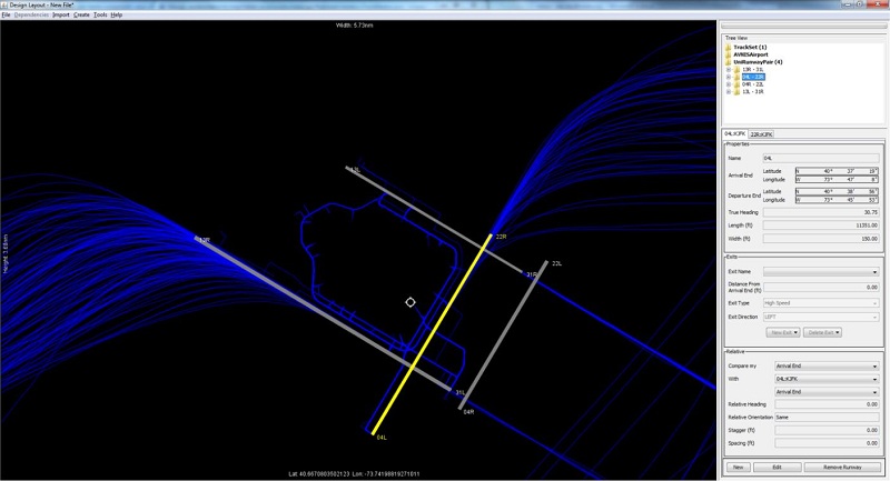 This screenshot of runwaySimulator shows aircraft flight tracks to and from the runways of an airport, as modeled in the software. The screenshot also shows the graphical user interface that is used run the model.