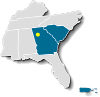 Map of the F A A Southern Region with the areas covered by the Atlanta A D O highlighted