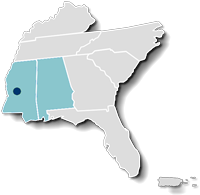 Map of the F A A Southern Region with the areas covered by the Jackson A D O highlighted