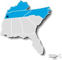 Map of the F A A Southern Region with the areas covered by the Memphis A D O highlighted