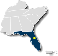 Map of the F A A Southern Region with the areas covered by the Orlando A D O highlighted
