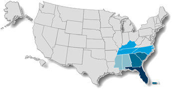 Map of the U.S. with Southern Region areas highlighted