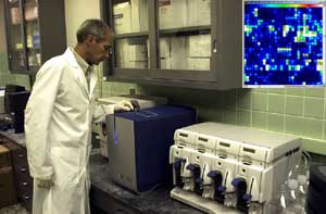 Researcher placing a chip in the Affymetrix system for analysis
