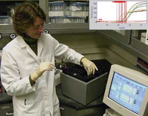Researcher placing a reaction tube in the Quantitative Real-Time Polymerase Chain Reaction Instrument