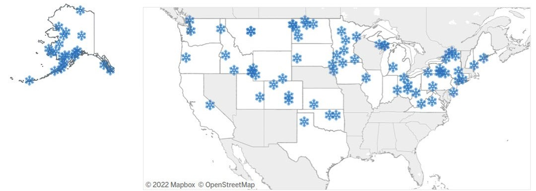 map of US with snowflakes marking airports receiving grants