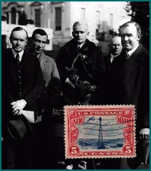 Pictured (left to right) are: Pres. Coolidge; Dir. of Aeronautics Clarence Young; Sen. Hiram Bingham; an unidentified person; and Assist. Sec. of Commerce William P. MacCracken, Jr.