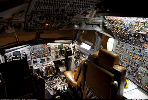 "707-300 Flightdeck: Flight engineer's position and fuel panel are on the right. Photo copyright Europix - used with permission"