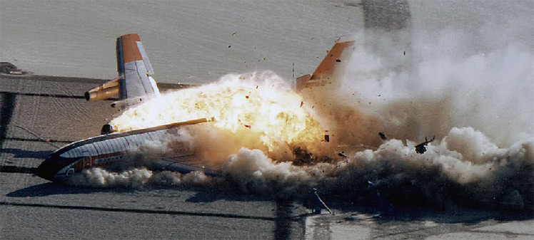 "Photo of FAA/NASA CID full scale remotely piloted crash test of B707 transport airplane"