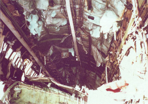 "Forward end of center cabin at the fuselage break. Note there are no seats attached to the floor. Photo from NTSB/FAA investigation."