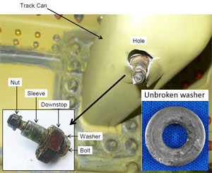 "Photo of recovered track can penetration and retrieved unbroken washer loose from the downstop assembly"