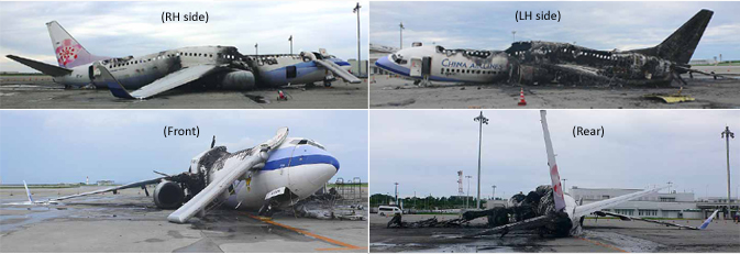 "Photos of Aircraft wreckage seen from four different views"