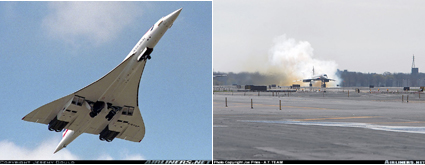 "Photo of Concorde on take-off with landing gear being raised (left) Photo copyright Jeremy Gould - used with permission Concorde during takeoff roll (right) Photo copyright Joe Pries A. T. Team - used with permission"