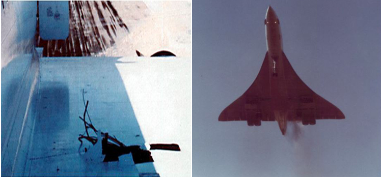 "Photo of left wing penetration by wheel fragments from June 14, 1979 incident (left) Photo of fuel leaking from Concorde's left wing on take-off from Dulles International Airport, June 14, 1979 (right)"