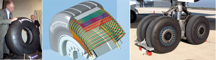 "(left) Michelin "Near Zero Growth" Concorde main landing gear tire. (center) Michelin NZG Concorde tire sectional view. (right) Michelin NZG tires installed on Concorde left main landing gear."