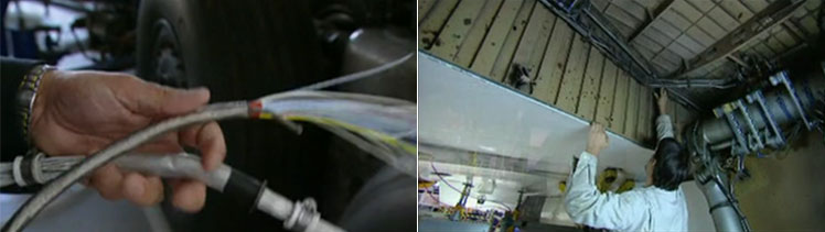 "(left) Photo of improved wire harness. (right) Photo of wheel well area with installed improved wire harnesses."
