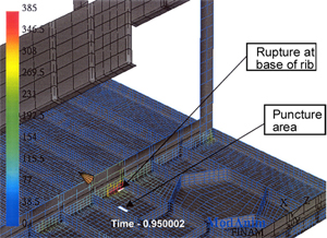 "Computer generated simulation showing position of rupture areas on lower skin"