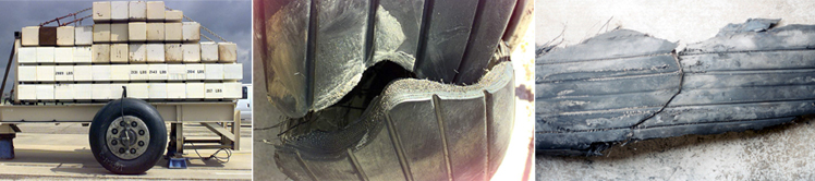 "Left: Photo of post crash tire test rig. Center: Cut tire result from test rig. Right: Actual tire recovered from runway."