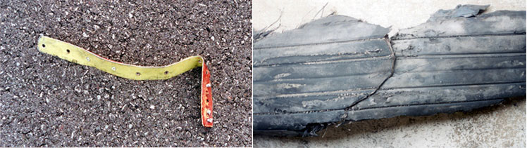 "(left) Photo of thrust reverser wear strip found on runway. (right) Photo of tire debris found on runway."