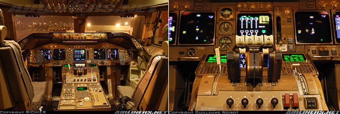 "747-400 Flight Deck (left) – Photo copyright Richier – used with permission 747-400 Thrust Levers (right) – Photo copyright Guillaume Noirot – used with permission"