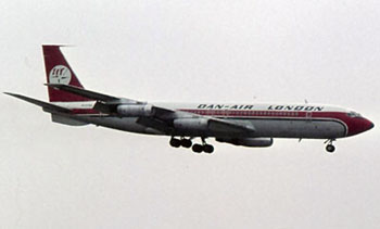 "Photo of a Dan-Air Boeing Model 707-300 on approach for landing"