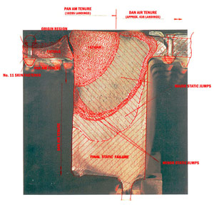 "Photo of top chord fracture face, with crack progression identified. Photo taken from accident report."