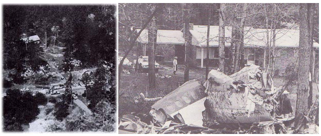 "Photos of crash site and airplane wreckage in neighborhood"