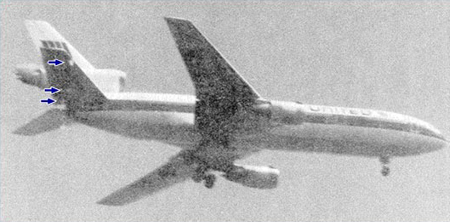 "Photo of UAL 232 in Flight - Areas of Damage Highlighted"