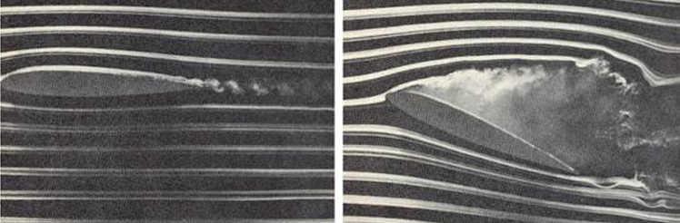 "Smoke tunnel test conducted on an airfoil. Unstalled wing generating lift (left), stalled wing and loss of lift (right)."