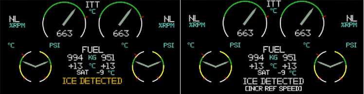 "Ice detection message shown in flashing yellow when ref speed switch is in the OFF position (left). Ice detection message shown in white when ref speeds switch is placed in the INCREASE position (right)"