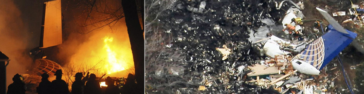 "Photo of firemen standing by Colgan Fire (left), Photo by Wiepert@Reuters – used with permission NTSB photo of Colgan accident site (right)"