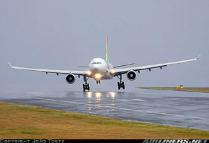 "Photo of an Airbus A330 landing during a crosswind Photo copyright Joao Toste - used with permission"