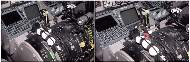 "Photos of Spoiler Handle in Unarmed (left) and Armed (right) Position -NTSB Report"