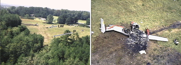"Photo of Atlantic SE Flight 529 crash site, Arrow 'LW' is left wing/engine, 'P' is left propeller assembly (left) Aerial photo of Atlantic SE Flight 529 crash site (right) Photos provided by NTSB"