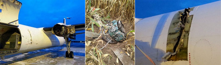 "(left) Photo of F-27 showing failed number one engine. (middle) Photo of F-27 failed propeller and gearbox. (right) Photo showing exit of failed propeller blade. Photographs provided by BEA (Bureau d'Enquêtes et d'Analyses pour la sécurité de l'aviation civile)."