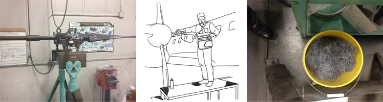 "(left) Photo of a propeller being balanced. (center) Illustration from Hamilton Standard service bulletin demonstrating ultrasonic inspection. (right) Photo of steel wool used to balance propeller blades. Photos provided by Pacific Propeller International"