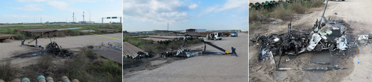 "Photos of Robinson R22 Beta's crushed fuselage and evidence of post-impact fire Photo copyright Robinson Helicopter - used with permission"