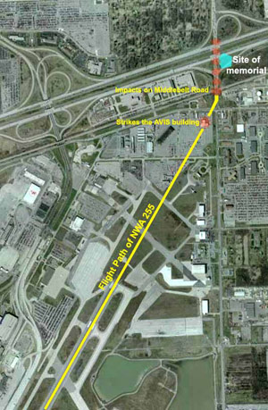"Aerial view showing Flight 255's flight path Photo courtesy of DTW Airport Archives"